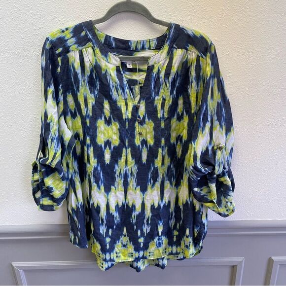 KIM ROGERS blue/green patterned tunic blouse, buttons in the front, Sz 1X (1019) - Picture 1 of 3